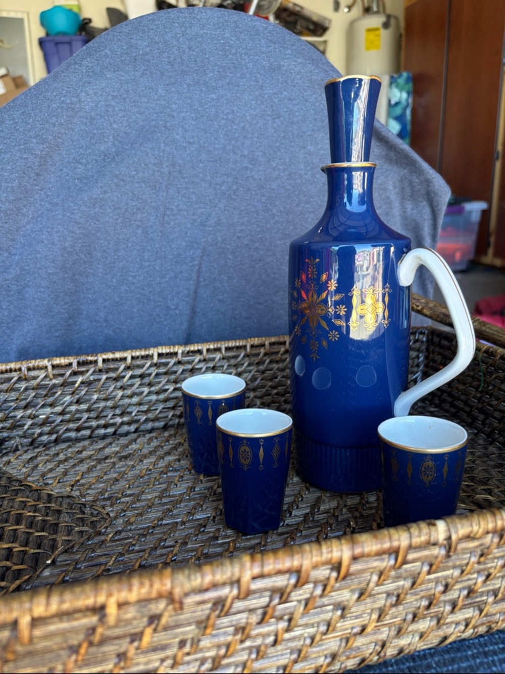 Blue and Gold Ceramic Decanter Set with Cups.   Vintage